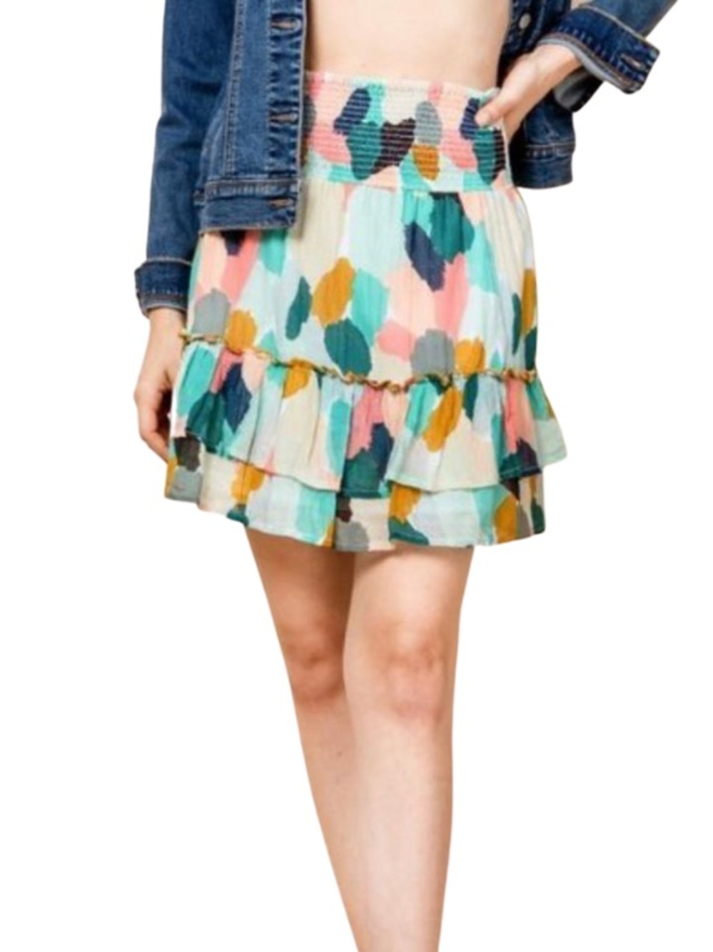 Pants Store Tiered Maya Mini Skirt Abstract Watercolor Elastic Waist 100% Cotton